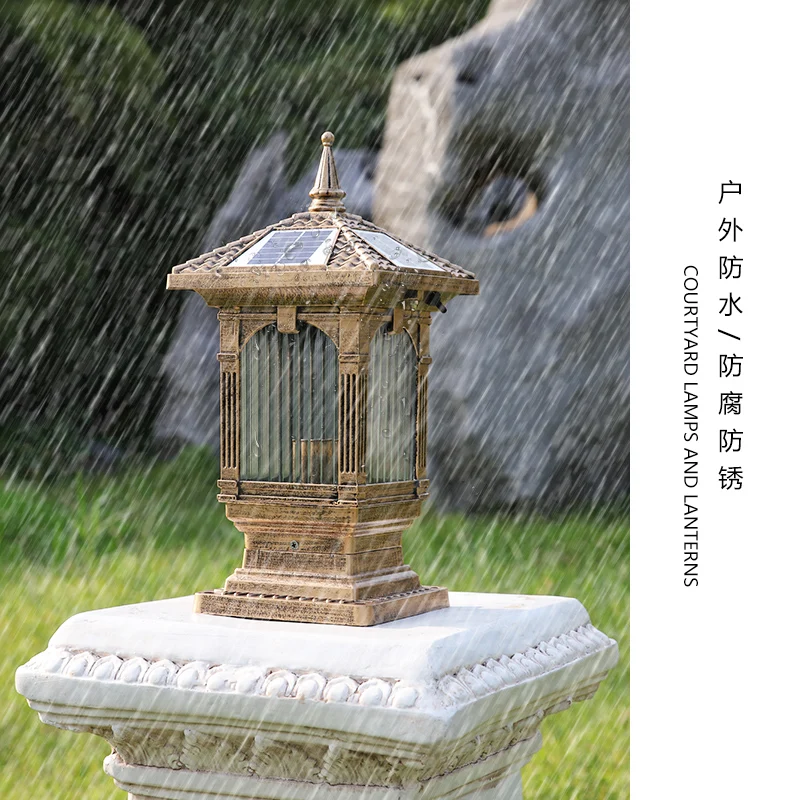 Уличная лампа на солнечной энергии для двора виллы столб в европейском стиле