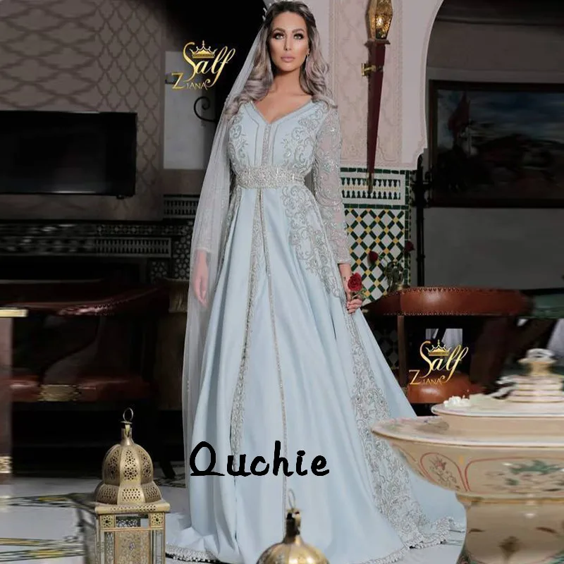 

Sky Blue Moroccan Kaftan Evening Dresses Silver Appliques Belt Arabic Muslim Special Occasion Formal Party Gown