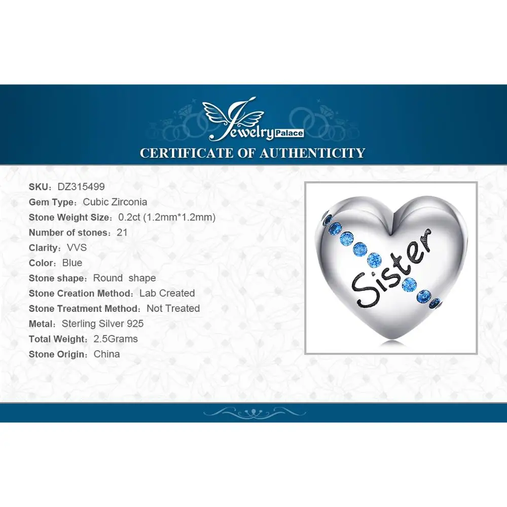 

JewelryPalace 925 Sterling Silver Engraved Sister Blue Cubic Zirconia Heart Charm Beads Fit Bracelets For Your Sister As Gifts