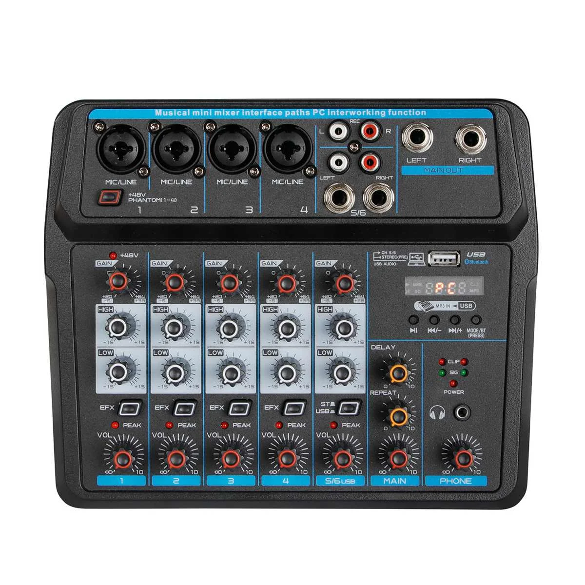 6 канальный аудиомикшер с Bluetooth светодиодный цифровой дисплей USB DJ звуковая