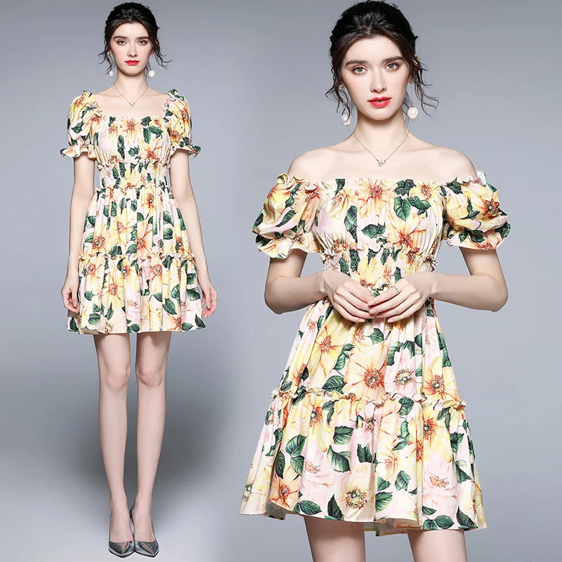 

Женское летнее платье с цветочным принтом, приталенное платье с рукавами-фонариками и квадратным воротником, платье с короткими рукавами