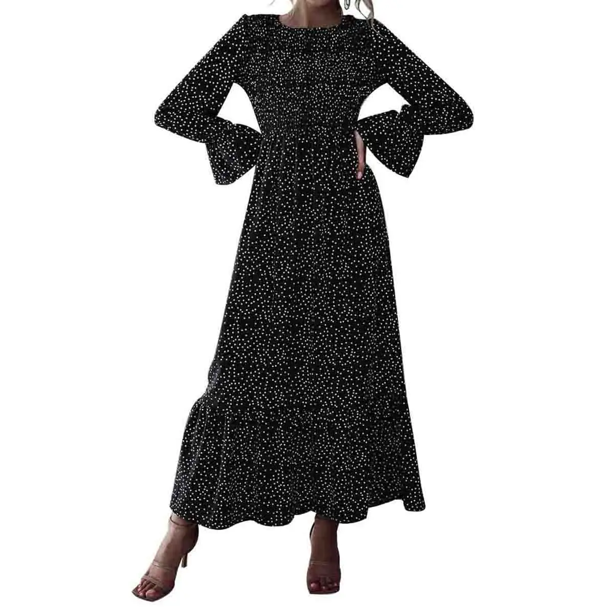 New Fashion Women Ladies Autumn Casual Loose Polka Dot/Floral Print Dress Female Puff Sleeve Mid-waist Long Black Red | Женская одежда