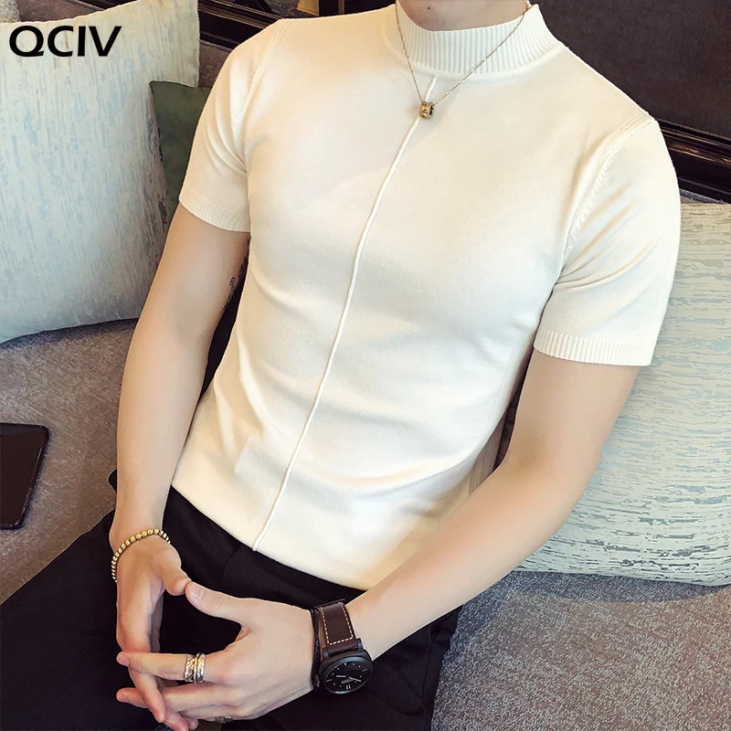 

Футболка мужская с коротким рукавом, однотонный пуловер с воротником средней длины, облегающая трикотажная рубашка, лето