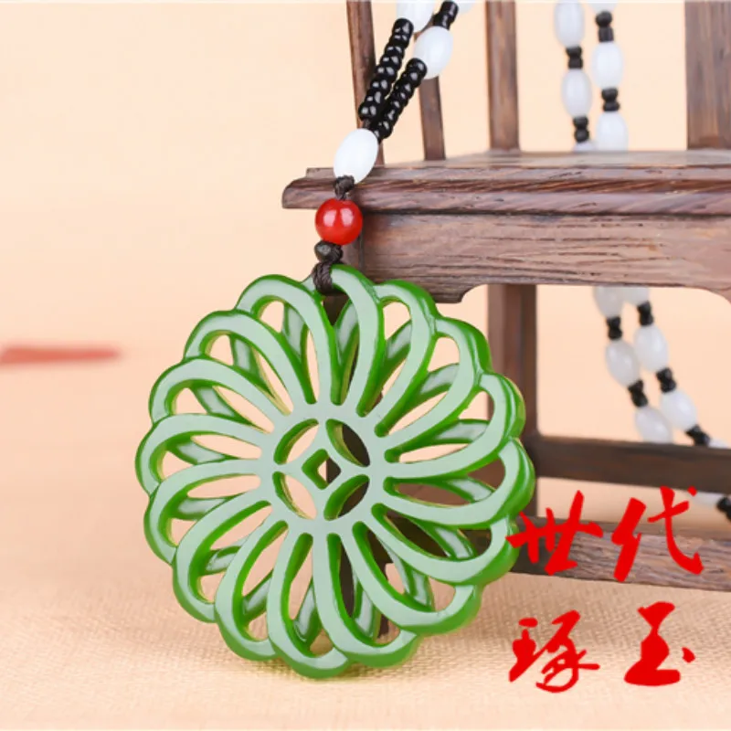 Натуральный зеленый китайский нефритовый геометрический кулон ожерелье