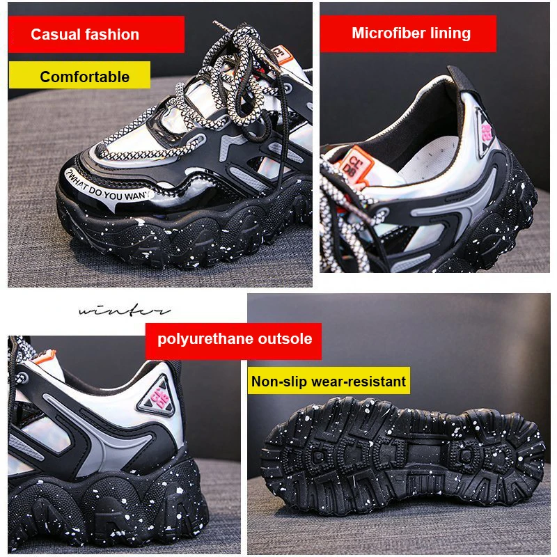

Spring Sneakers Women Shining Shoes Thick Bottom Daddy Shoe Thick Bottom Round Toe Breathing Leisure Female Vulcanize Shoes