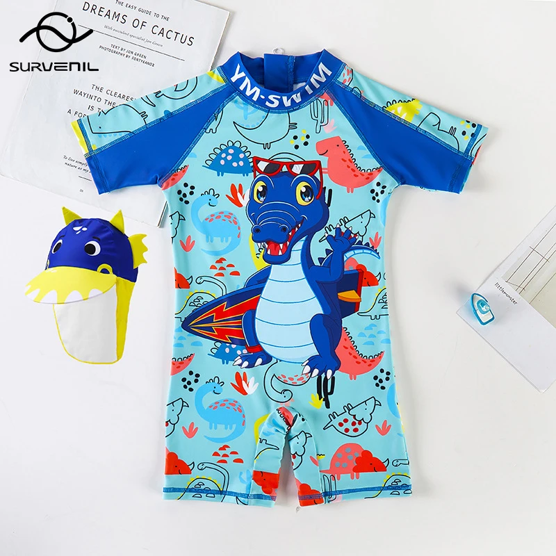 Swimsuit Boy Dinosaur Print UPF50 Baby Bathing Suit One Piece with Sunscreen Cap Boys Swimwear Kids Beach Rashguard Surf Wear