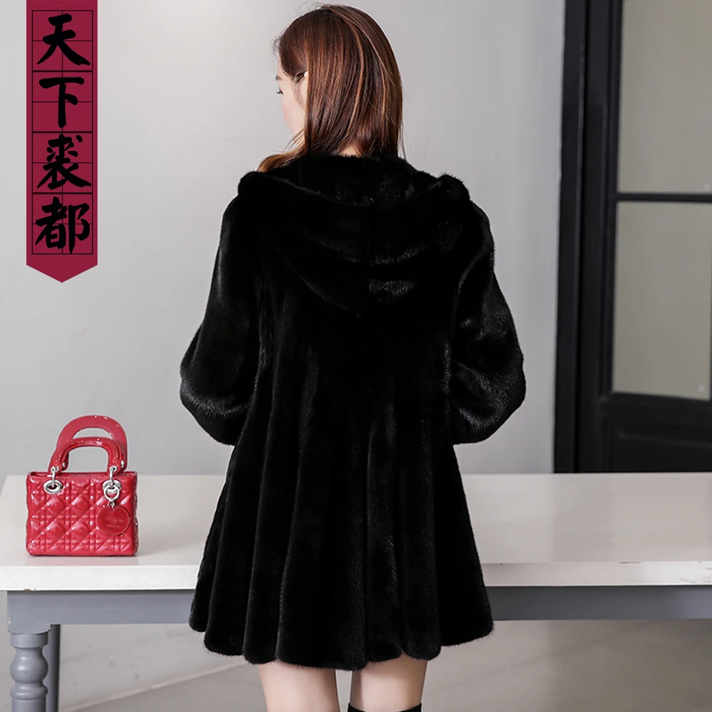 Брендовые женские черный натуральный мех норки пальто с мехом капюшоном