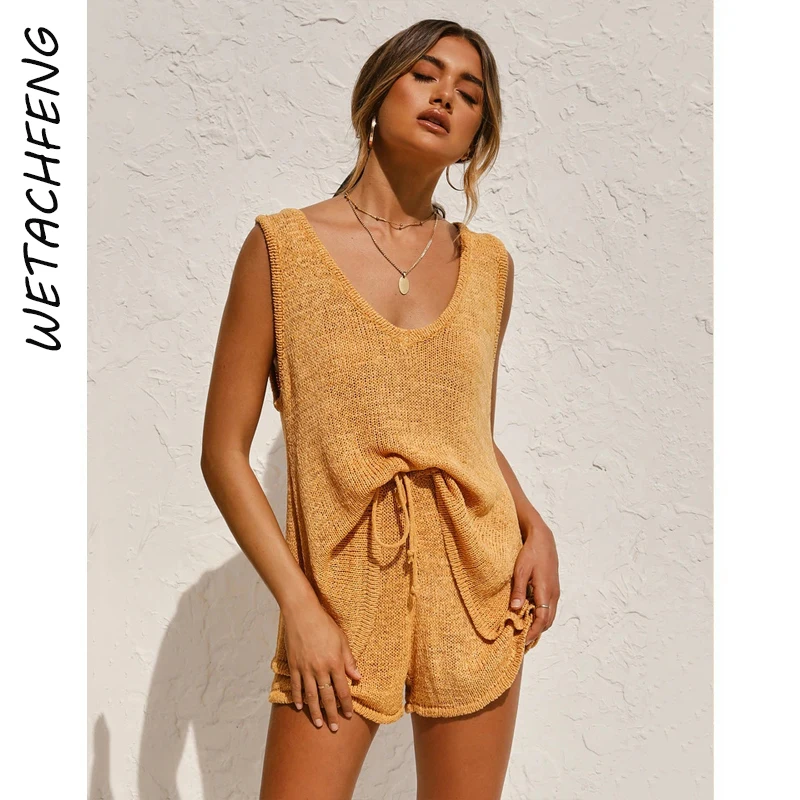 

Fashion Two Piece Set Women Knit V Neck Sweaters And Shorts Outfits Slim Summer 2021 Casual 2 Piece Tracksuits Female Clothes