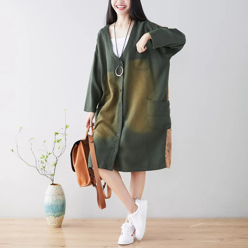 

Ladies plus size cardigan spring new year old stitching mid-length coat loose plus size art windbreaker V-neck cardigan