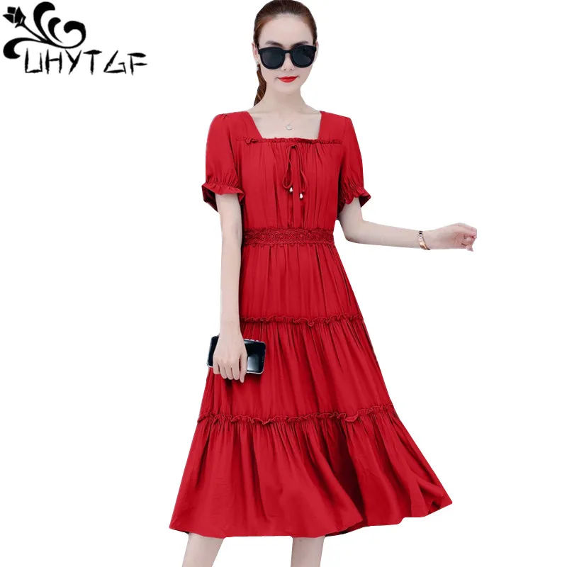 

Платье UHYTGF женское шифоновое с коротким рукавом, модное элегантное пляжное, с прострочкой, цвет красный/черный, 1186