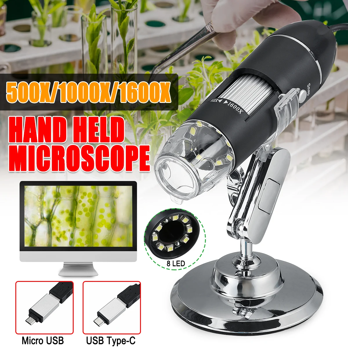 3 в 1 Цифровой Микроскоп USB Type C с 8 светодиодами для Android 500X 1000X 1600X|Микроскопы| |