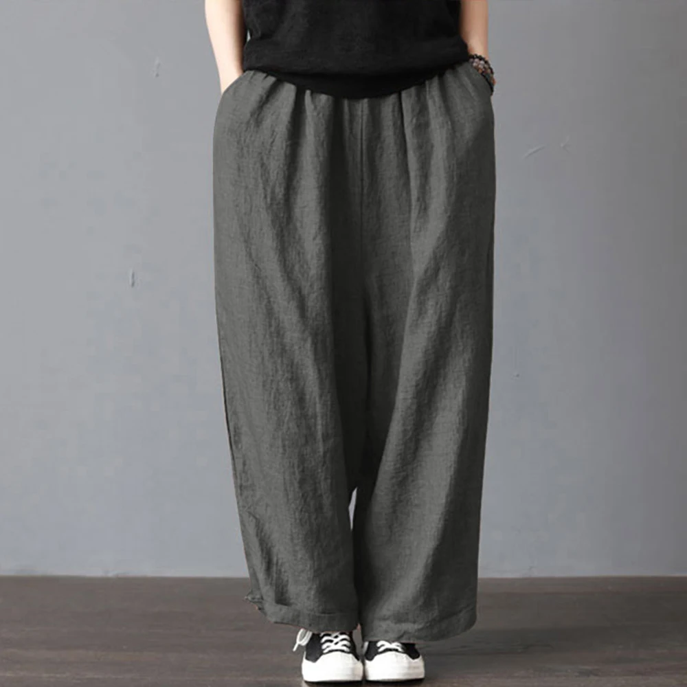

5XL Plus Size Women's Casual Loose Wide Leg Pants Vintage Elastic Waist Trousers Casual Cotton Linen Oversized Long Pants