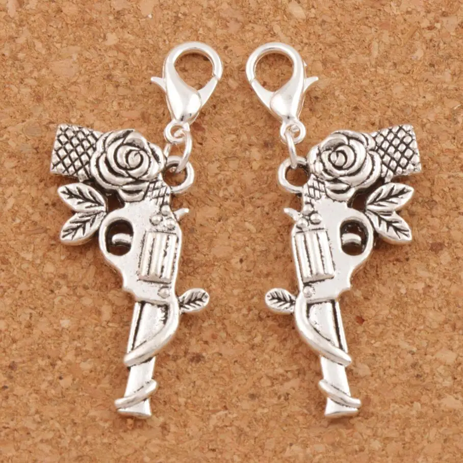 

60pcs Zinc Alloy "Dangling Gun w Roses" Clasp European Lobster Trigger Clip On Charm Beads C1676 40.3x18.5mm