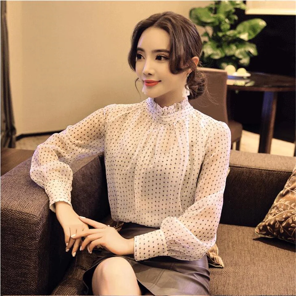 

Womens Sexy Blouses Tops Lace Chiffon Blouse Women Shirt Long Sleeve Female Womens Tops and Blouses Summer Polka Dot Blouses
