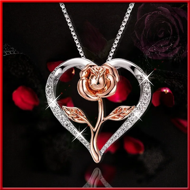 

2021 New Style Personalized Fashion Zircon Love Rose Flower Silver Necklace Diamond Rose Women Light Luxury Jewelry Accessories