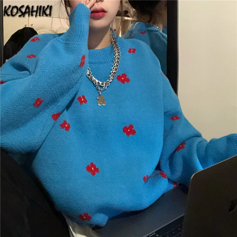 

Женский вязаный свитер с цветочным принтом, свободного покроя