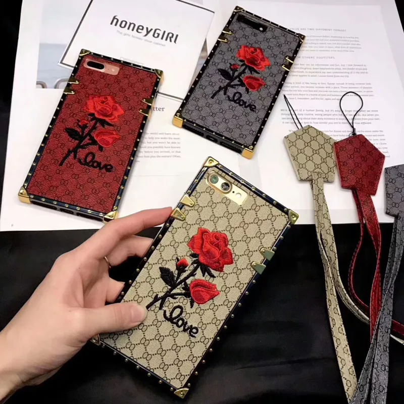 

European Luxury Square Embroidery 3D Rose Phone Case For iPhone 13 12 Pro Max 11 Pro 6s 7 8 Plus SE2020 X XR XS MAX 8p 7p Cover