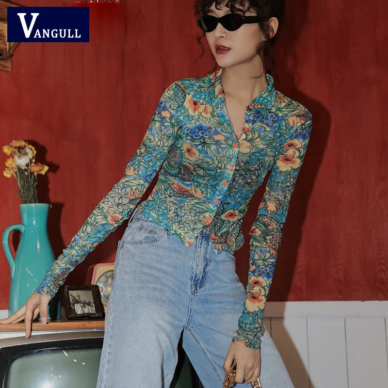 

Vangull Fashion Mesh Dragon Print Shirt Women Long Sleeve Tops Button Up See Through Blouses Single Breasted Silm Skinny Shirt