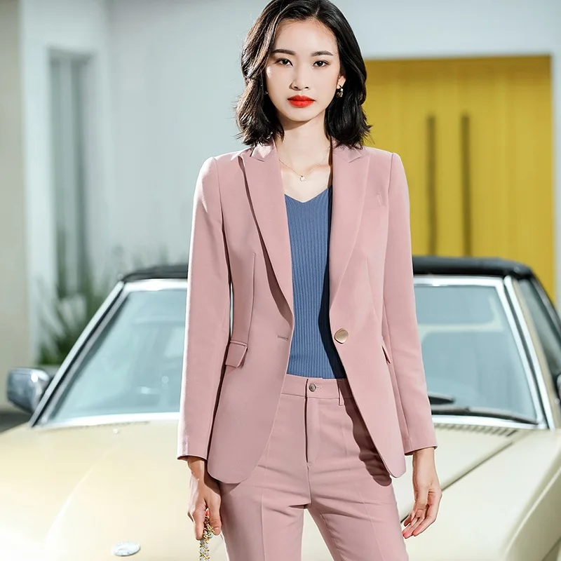 

IZICFLY Spring Fall High Quality New Style Pink Khaki Blazer Set With Trouser Uniform Business Ladies Office Work Wear Pantsuits