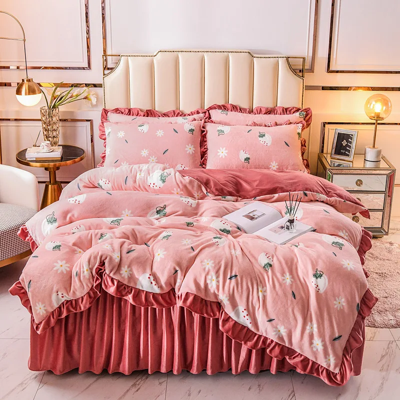 

Flannel Bedding Set Crystal Velvet Coral Fleece Winter Duvet Cover Keep Warm Bedsheet Velvet Pillowcases Flat Bed