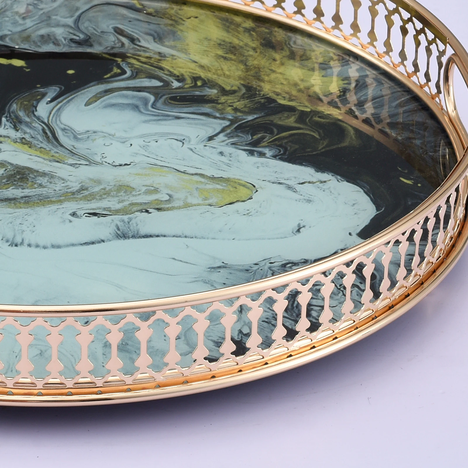 

Round Mirror Glass Serving Tray Metal Plate Drink Jewelry Display Decor Tray Pad
