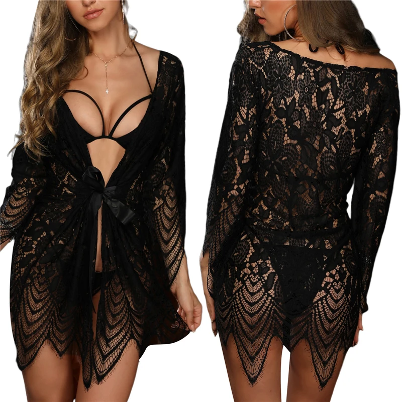 

New Hot Sale Fashion 3 Pieces Sexy Lingerie, Female Solid Color Spaghetti Strap Brassiere+ Panties+ Night-Robe, White/Red/Black