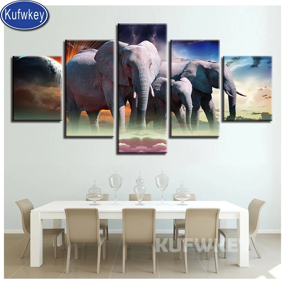 

5 pcs diamond painting elephant family 5d diamond painting full drill round square diamond embroidery animal for living room art