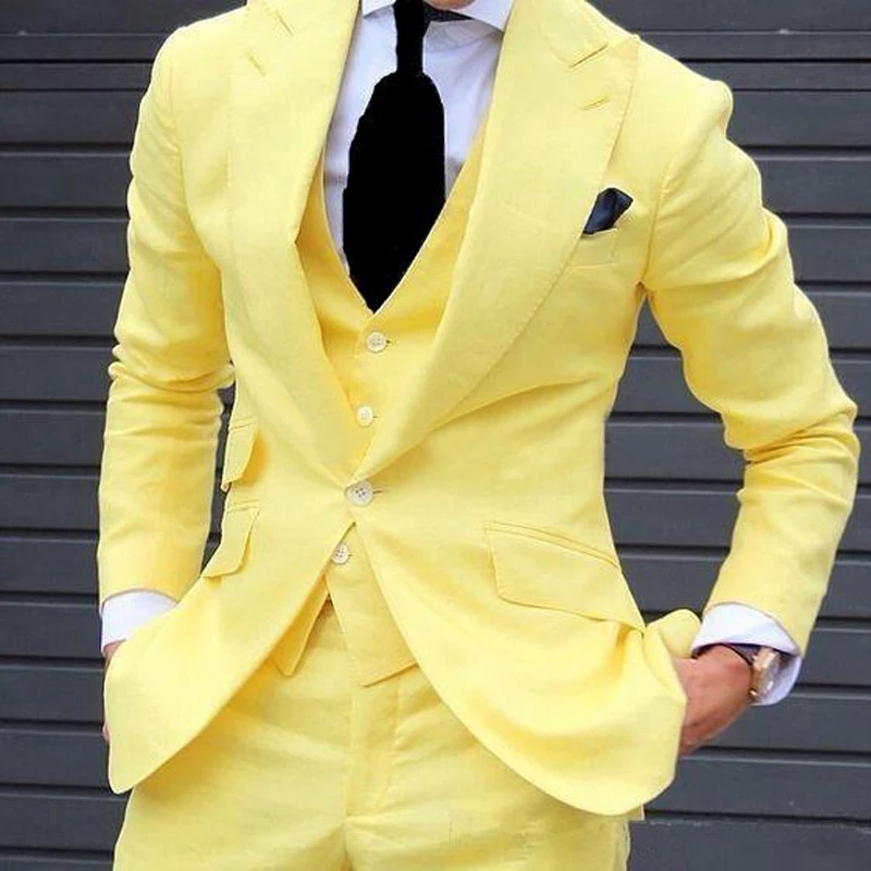 Yellow Slim Fit Prom Suits for Men 3 Piece Set Jacket with Pants Vest Latest Coat Casual Design Male Fashion Smoking Clothes | Мужская