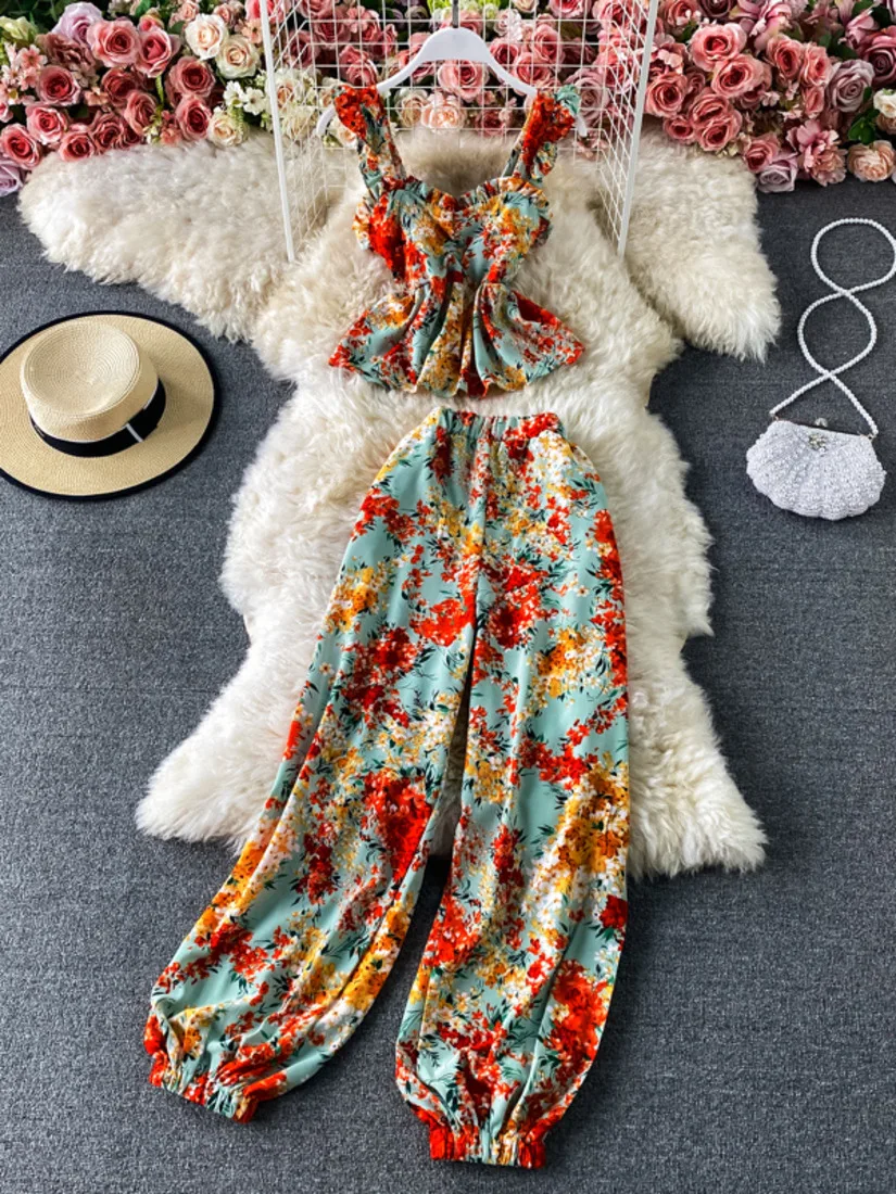 

Short Ruffle Flower Printing Suspender Top 2- Piece Set 2021 Summer High Waist Slim Harem Pants Printed Beach Holiday Trousers