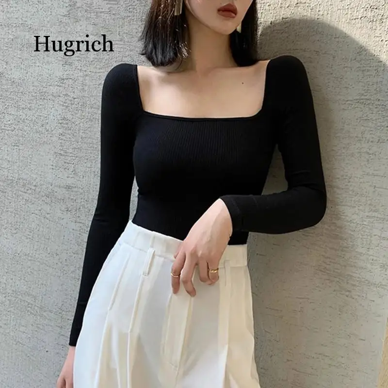 

Black Office Lady Elegant Scoop Neck Long Sleeve Solid Mercerized Cotton Pullovers Tee 2021 Casual Women T-Shirt and Top