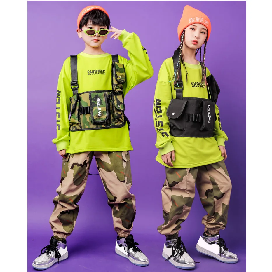 For 4- 16 Y Boys Girls Hip Hop Clothing Green Hoodies Tops Camouflage pants Teenagers Jazz Dance Costume Ballroom Dancing wear | Детская