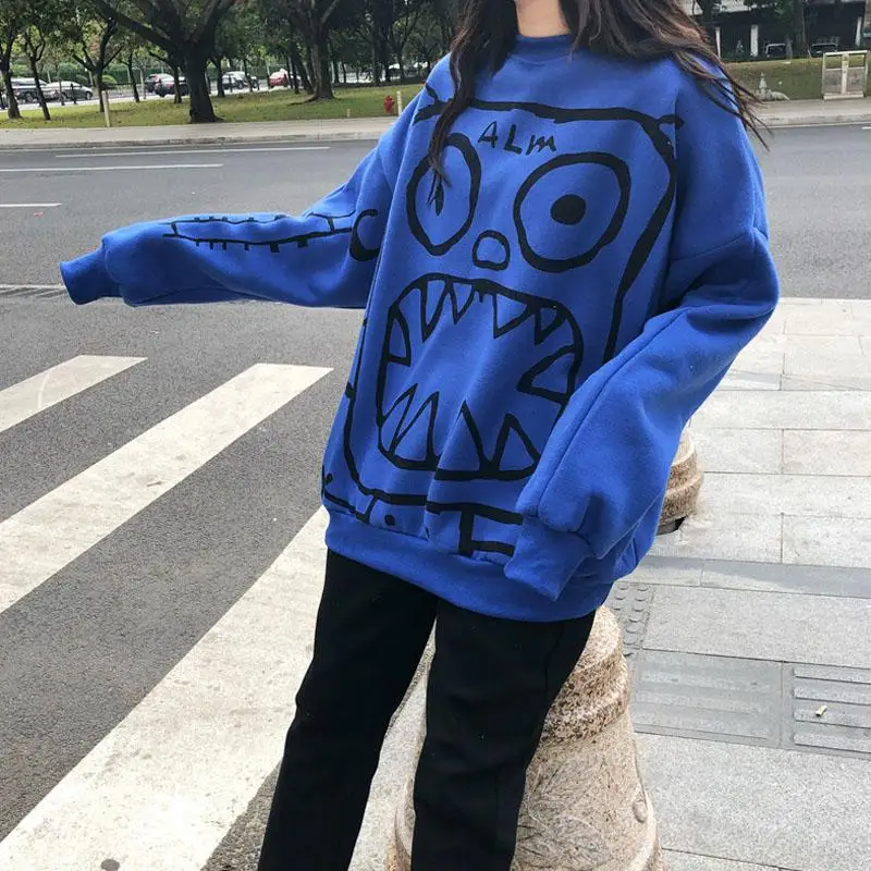 MISSKY New Women Sweatshirt Streetwear Loose Graffiti Cartoon Fleece Lined Pullover Jacket for Casual Campus in Autumn Winter | Женская