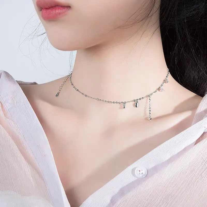 

Hot Sale 925 Sterling Silver Necklace Shiny Zircon Small Round Beads Choker Exquisite Love Pendant Party Gift For Girls SNK010
