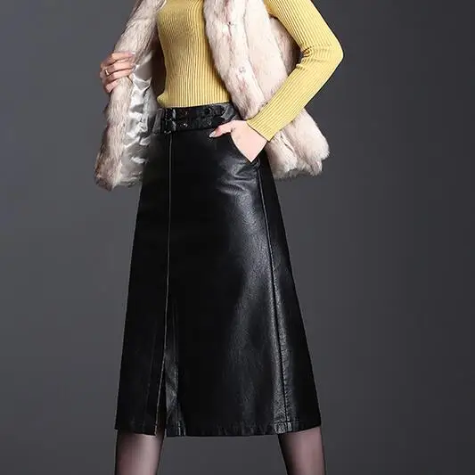 Женские офисные юбки с высокой талией Элегантные зимние кожаные размера плюс