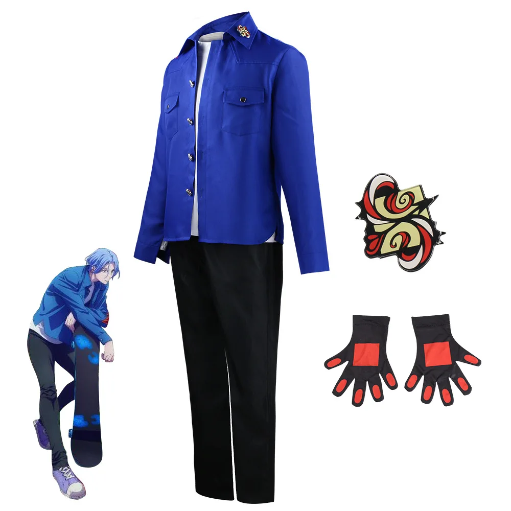 

Костюм для косплея SK8 The Infinity Langa Hasegawa, голубое пальто, черные брюки, перчатки с значком, полный комплект