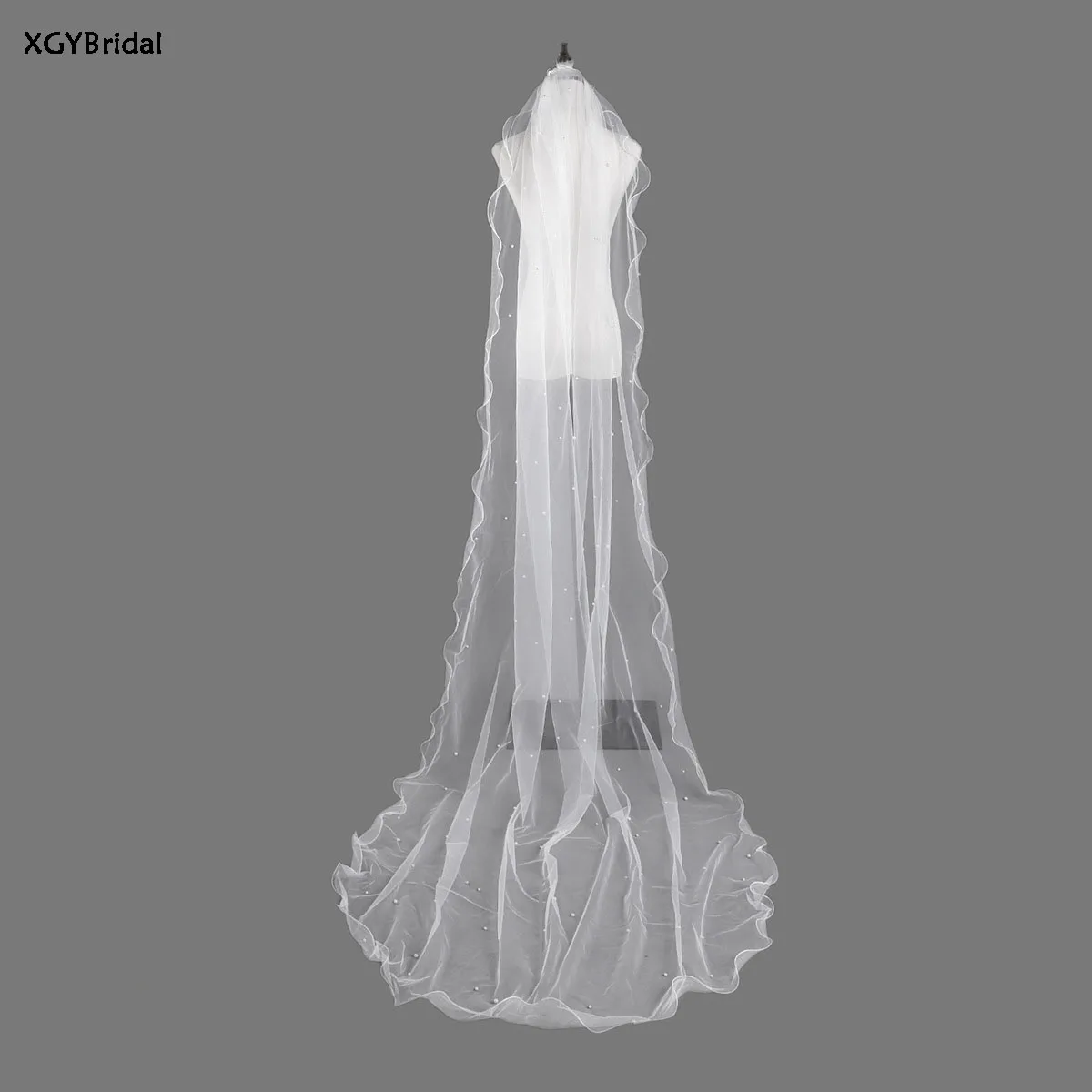 

Элегантная Длинная свадебная вуаль, белая Однослойная с жемчугом, кружевная Фата с краями, свадебные аксессуары, 3 метра