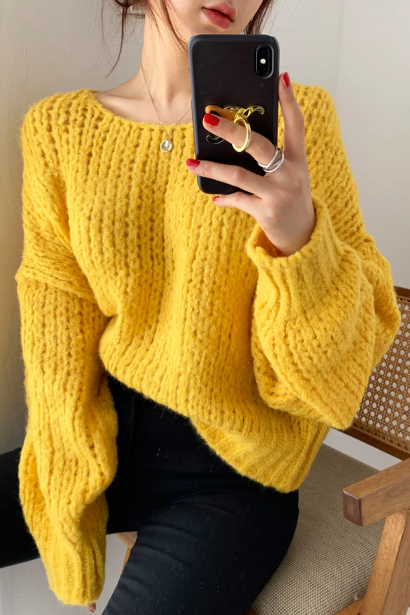 

Autumn Winter Casual Round Neck Long Sleeve Sweater Women Solid Yellow/Green/Khaki Loose Jumper Elegant Pullovers 2020 New