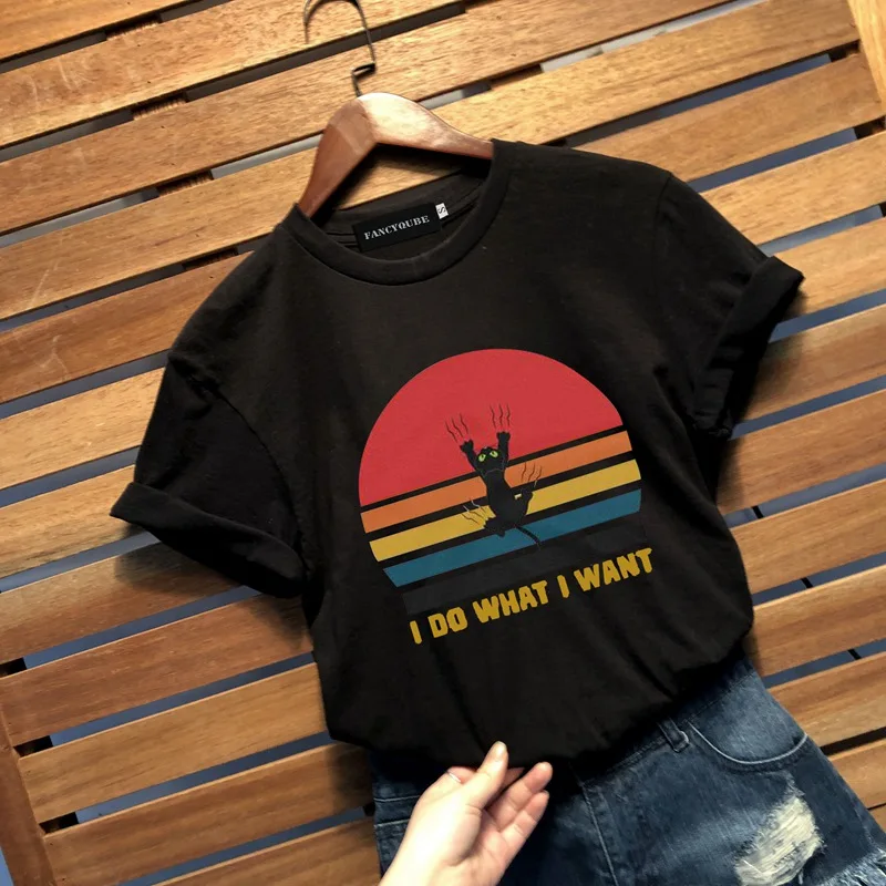 Милая кошка I Do What I Want винтажная женская футболка женская мужская футболка с длинными рукавами топы с круглым вырезом и коротким рукавом