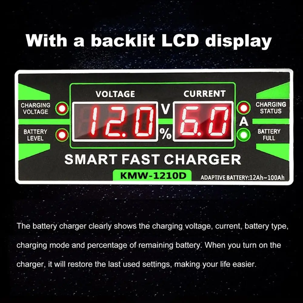 Automatic Full Smart 12V 6A Lead Acid / GEL Car Battery Charger W LCD Display US EU Plug Quick | Инструменты