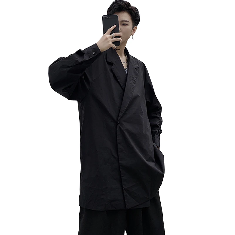 

M-XL!2020 spring cotton new dark black solid color personality suit collar long-sleeved shirt male hairdresser young loose thin.