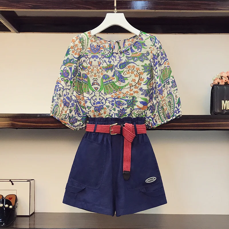 

Summer New Style Plus Size Women Slimming Western Style Short Sleeve Print Blouse Wide Leg Shorts Two Piece Suits with Sashes