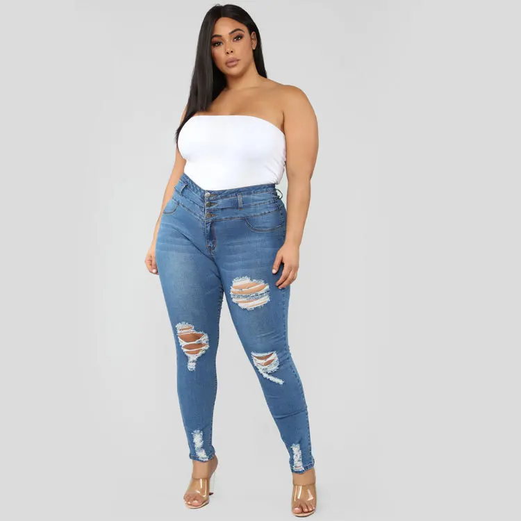 European and American high waist ripped large size fat jeans women small feet jeans women