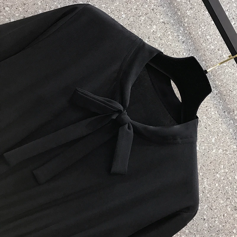 

4XL Plus Size Women Black Casual Dresses Spring 2021 Fashion Bow Collar Flare Long Sleeve Elastic Waist Loose Ruffle Midi Dress