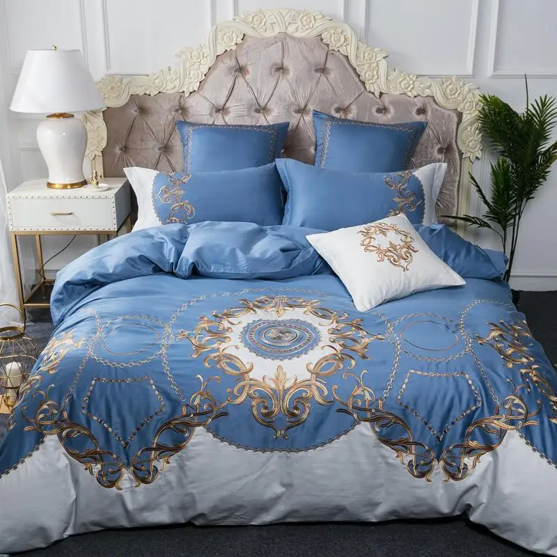 

J/7 шт. для кровати King/Queen Размеры роскошный набор постельного белья, синего и серебряного цвета из египетского хлопка вышивка постельный ком...