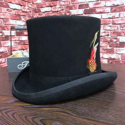 Черная Мужская шерстяная шляпа-федора, плоская шляпа Mad Hatter, топ, шапка, традиционный президент, вечерние, стимпанк, Волшебная Шляпа с пером - Цвет: black 17CM