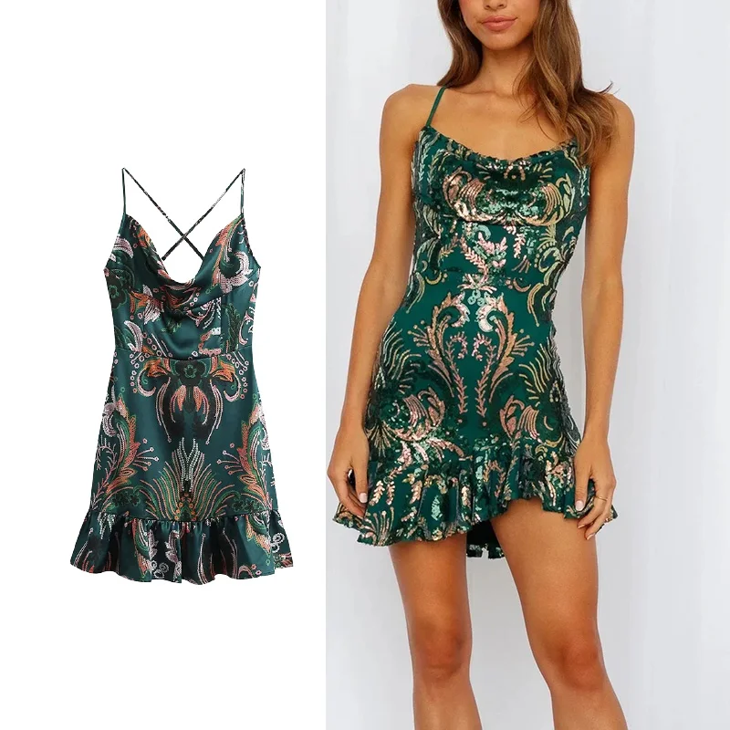 

TRAF Za 2021 Women Dresses Casual New Satin Printed Sling Mini Dress Woman Fashion Style Party Dresses