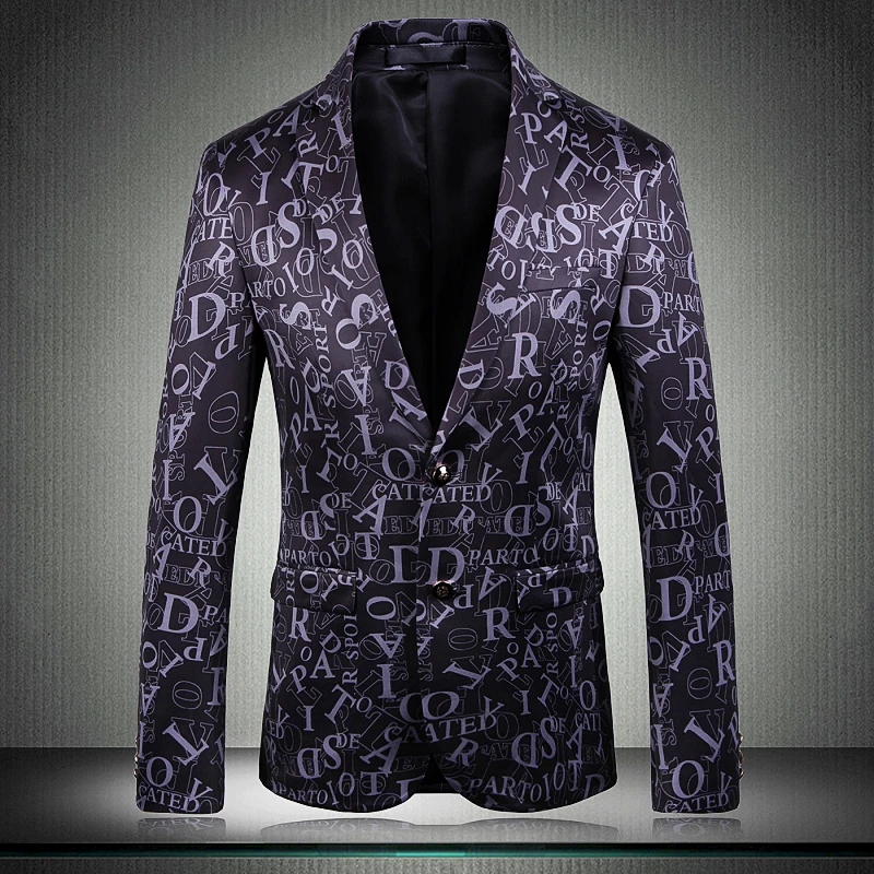 

New Male Blazer Luxury Letter Allover Printing Single Breasted Prom Blazers Men Plus Size 4XL 5XL Nightclub Praty Blazer Men