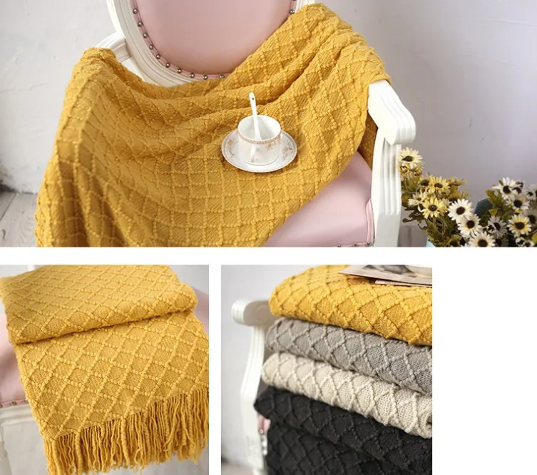 Вязаное дорожное одеяло серого желтого черного цвета диванное с кисточками