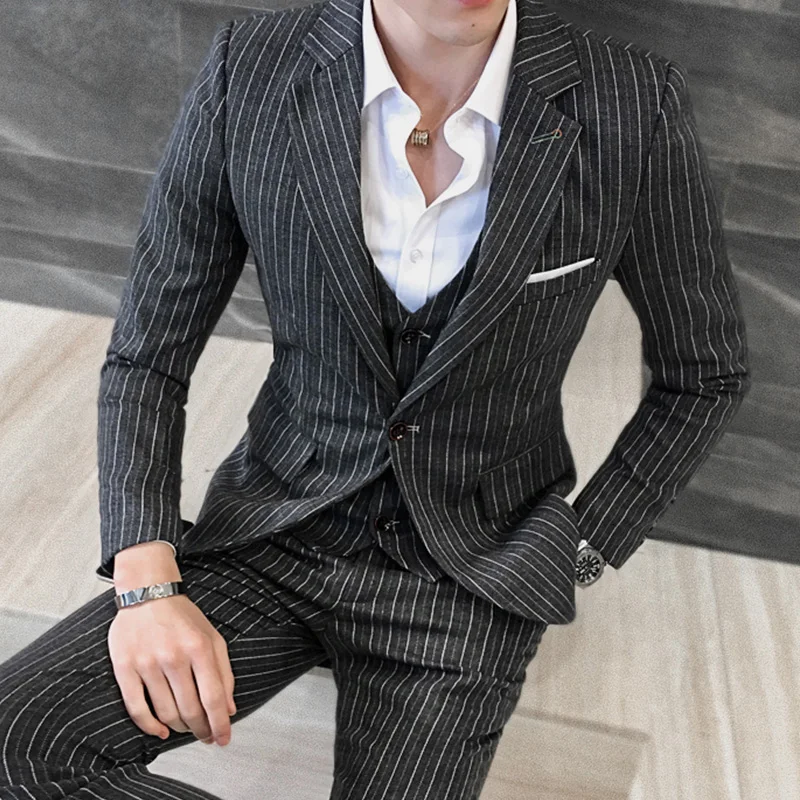 

( Jackets + Vest + Pants ) Men's Fashion High-grade Business Striped Suit Three-piece Men Wedding Dress Smart Suit Blazers