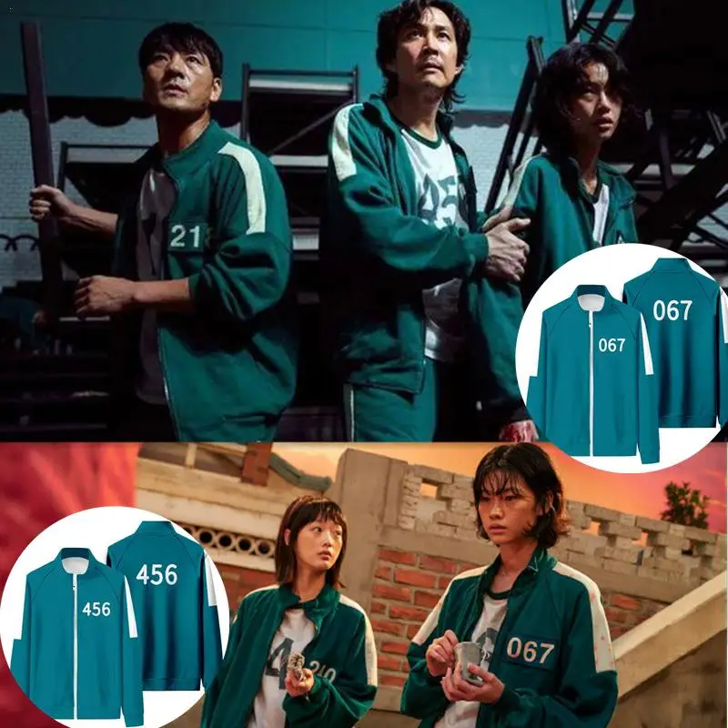 

Корейский ТВ кальмар игра Cos куртка мужская Li Zhengjae одинаковая Ретро Спортивная форма круглая шесть менеджер униформа Квадратный Круг Треуг...